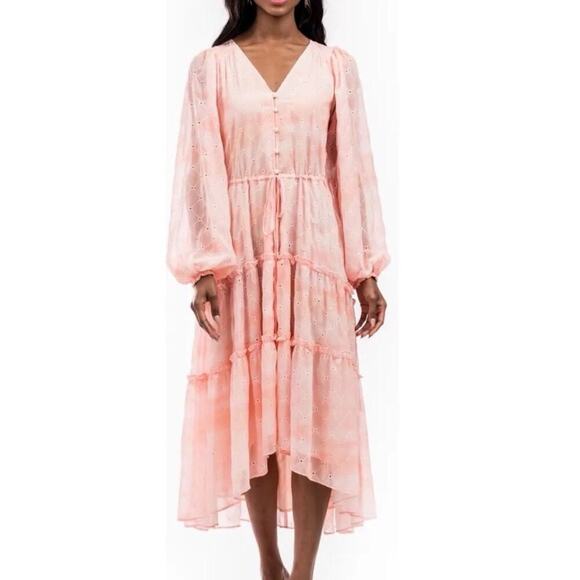 Rachel Parcell Dresses & Skirts - Rachel Parcell Pink Angel Cloudy Sky Hi-Lo Eyelet Midi Dress size M Long sleeve